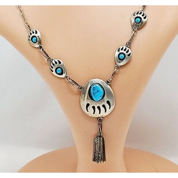 NAVAJO Bear Paw Shadow Box Turquoise W/Dangle Feathers Silver 925 Necklace - Picture 5 of 11